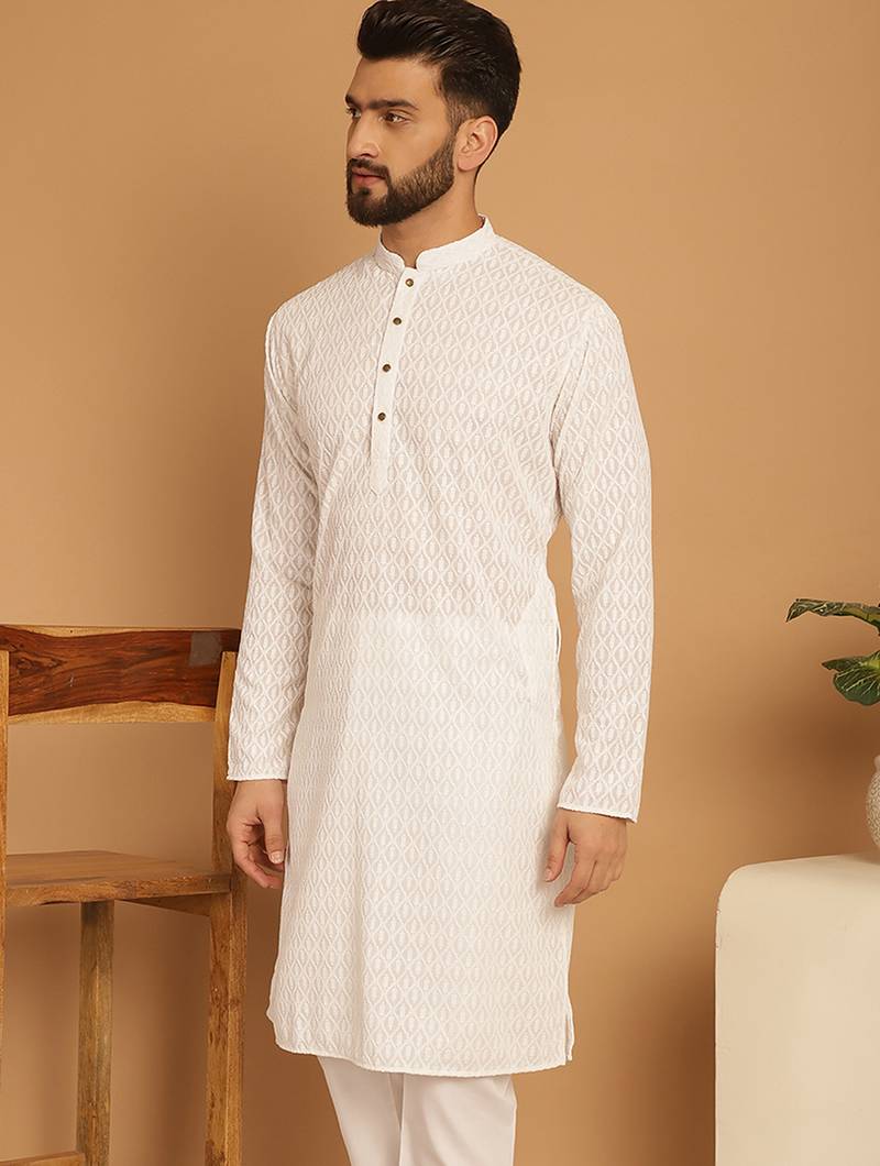 White chikankari cotton embroidery men kurta