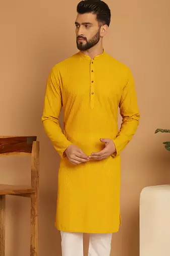 Yellow chikankari cotton embroidery men kurta