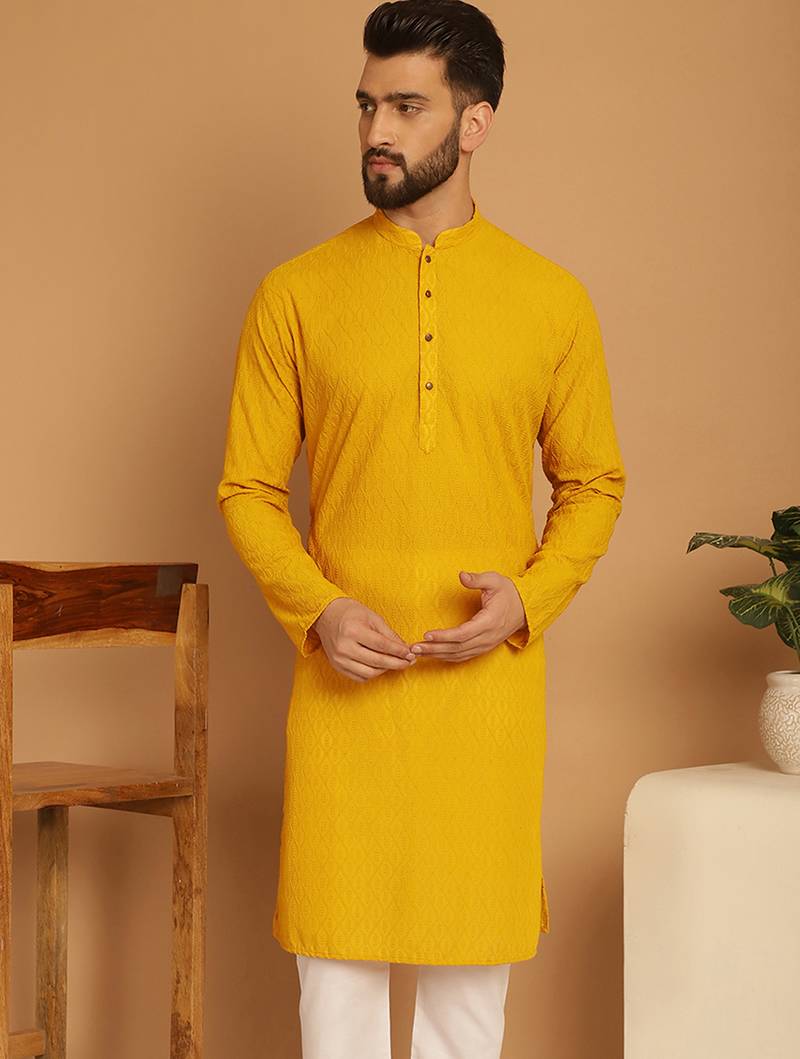Yellow chikankari cotton embroidery men kurta