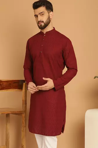 Maroon chikankari cotton embroidery men kurta