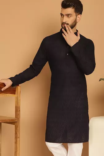 Black chikankari cotton embroidery men kurta
