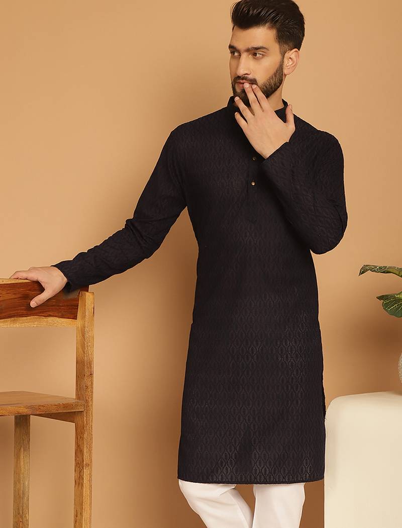 Black chikankari cotton embroidery men kurta