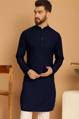 Navy blue chikankari cotton embroidery men kurta