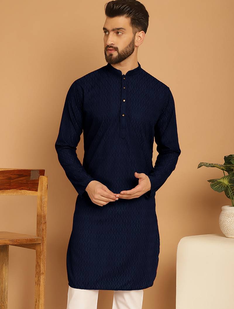 Navy blue chikankari cotton embroidery men kurta