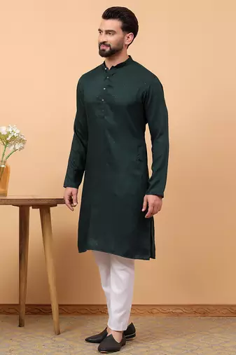 Green sequins work rayon men kurta