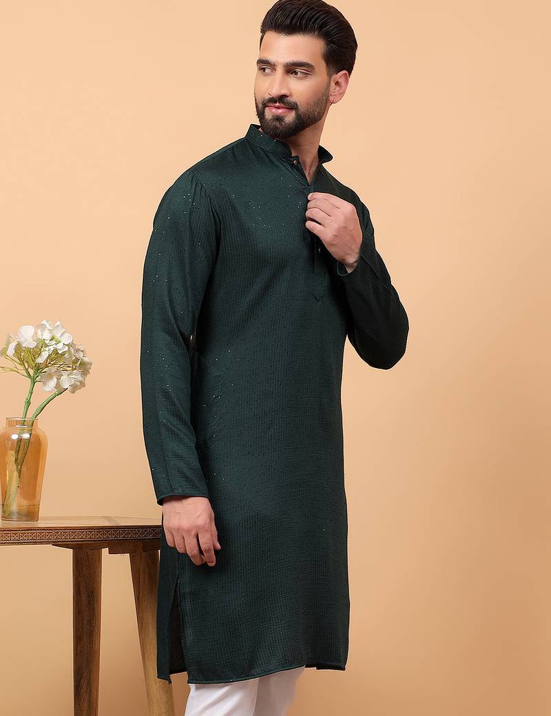 Green sequins work rayon men kurta