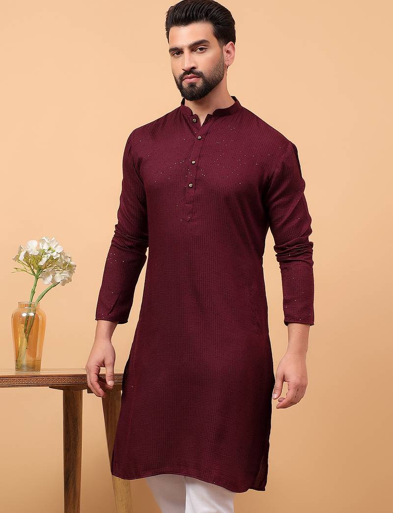 Maroon sequins work rayon men kurta
