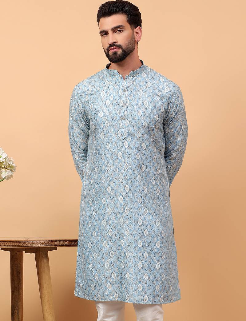 Blue sequins work aari men kurta