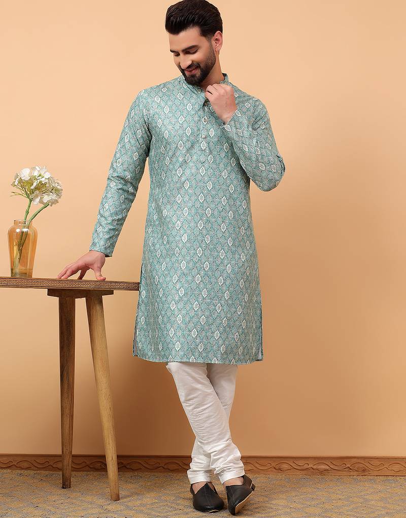 Green sequins work aari men kurta