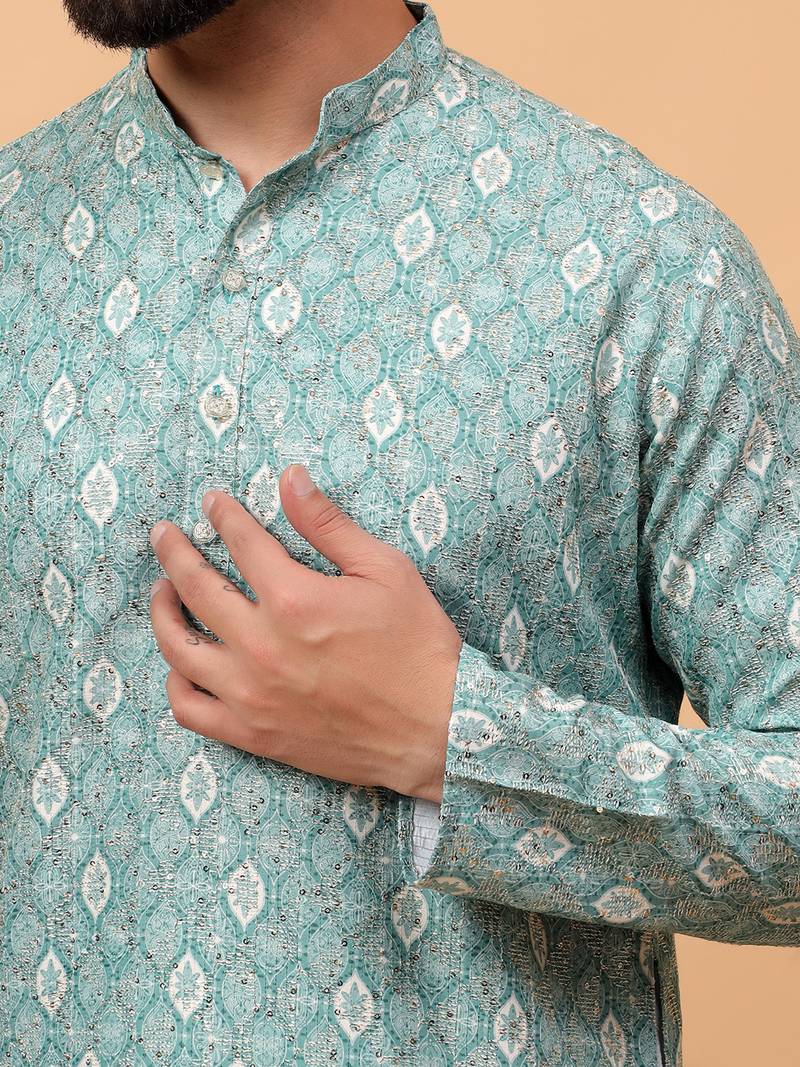 Green sequins work aari men kurta