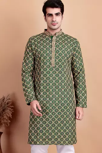 Green chikankari cotton embroidery men kurta