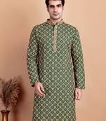 Green chikankari cotton embroidery men kurta