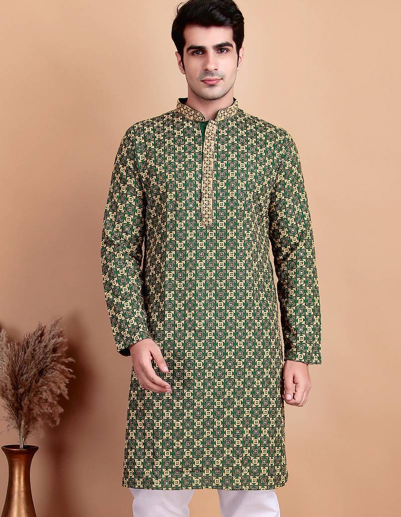 Green chikankari cotton embroidery men kurta