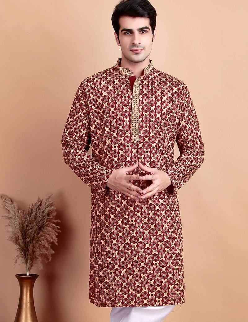 Maroon chikankari cotton embroidery men kurta