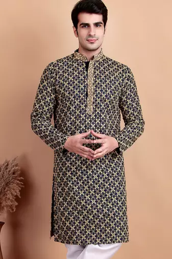 Navy blue chikankari cotton embroidery men kurta