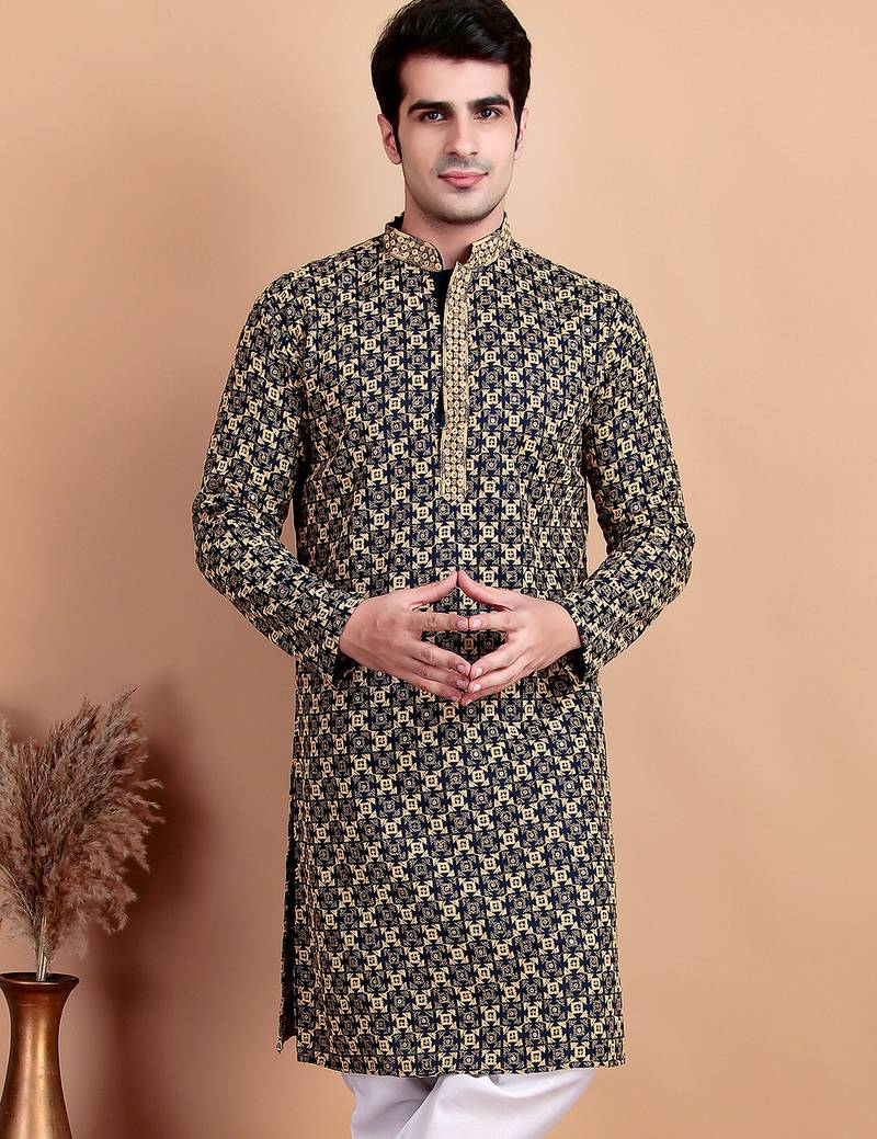 Navy blue chikankari cotton embroidery men kurta