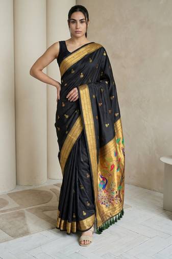 Black woven zari buti & peacock pallu work silk blend fabric traditional festive style paithani style saree