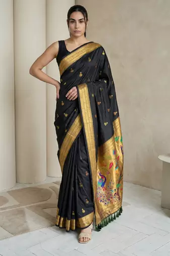 Black woven zari buti & peacock pallu work silk blend fabric traditional festive style paithani style saree