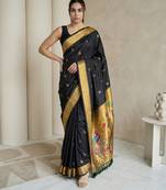 Black woven zari buti & peacock pallu work silk blend fabric traditional festive style paithani style saree