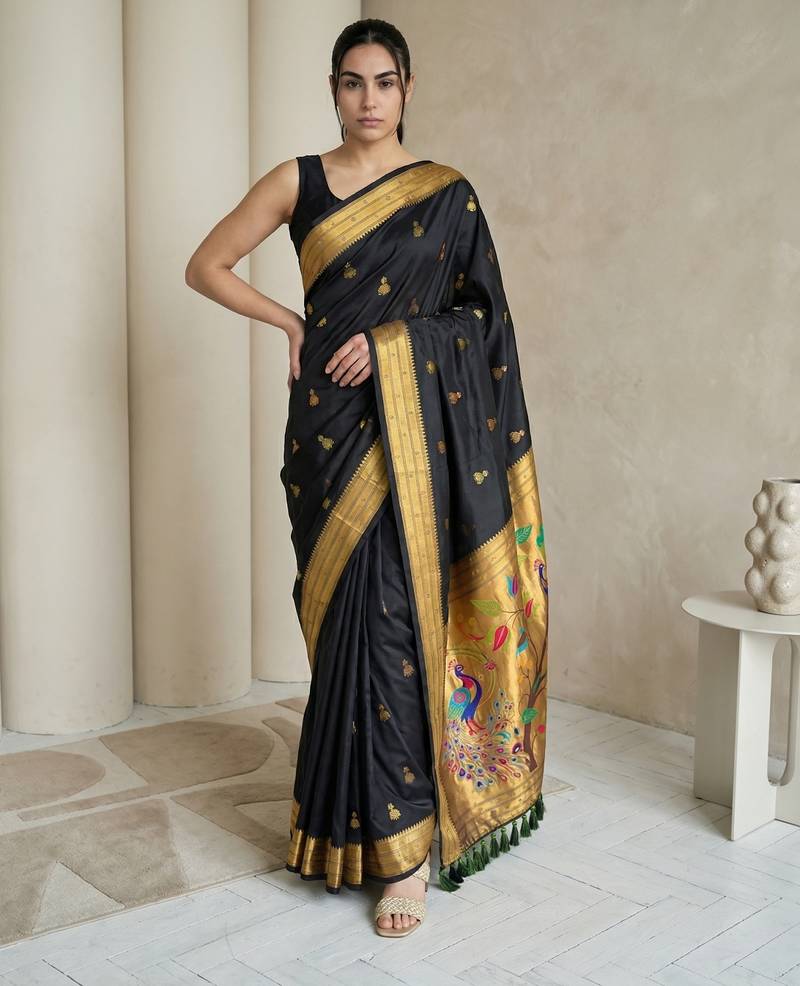 Black woven zari buti & peacock pallu work silk blend fabric traditional festive style paithani style saree