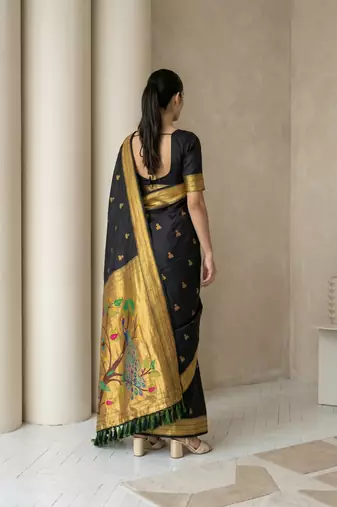 Black woven zari buti & peacock pallu work silk blend fabric traditional festive style paithani style saree
