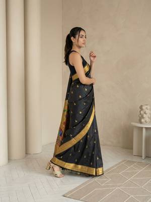 Black woven zari buti & peacock pallu work silk blend fabric traditional festive style paithani style saree 3