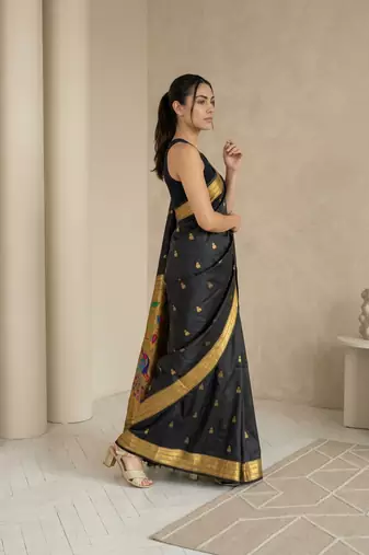 Black woven zari buti & peacock pallu work silk blend fabric traditional festive style paithani style saree