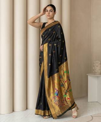 Black woven zari buti & peacock pallu work silk blend fabric traditional festive style paithani style saree 4