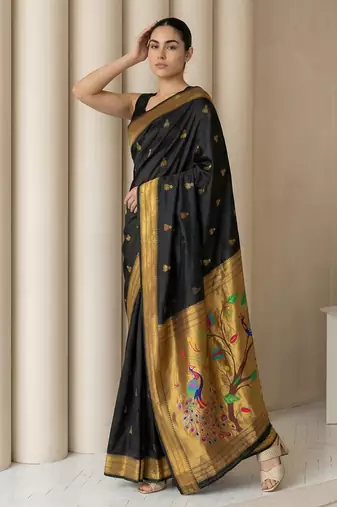 Black woven zari buti & peacock pallu work silk blend fabric traditional festive style paithani style saree