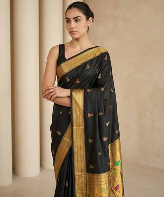 Black woven zari buti & peacock pallu work silk blend fabric traditional festive style paithani style saree 5