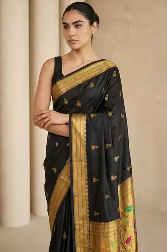 Black woven zari buti & peacock pallu work silk blend fabric traditional festive style paithani style saree