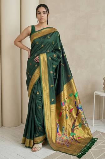 Green woven zari buti & peacock pallu work silk blend fabric traditional festive style paithani style saree