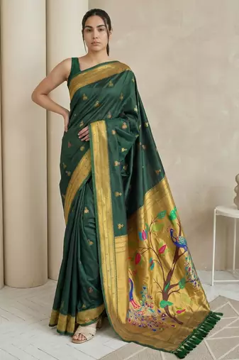 Green woven zari buti & peacock pallu work silk blend fabric traditional festive style paithani style saree