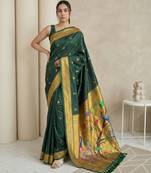 Green woven zari buti & peacock pallu work silk blend fabric traditional festive style paithani style saree