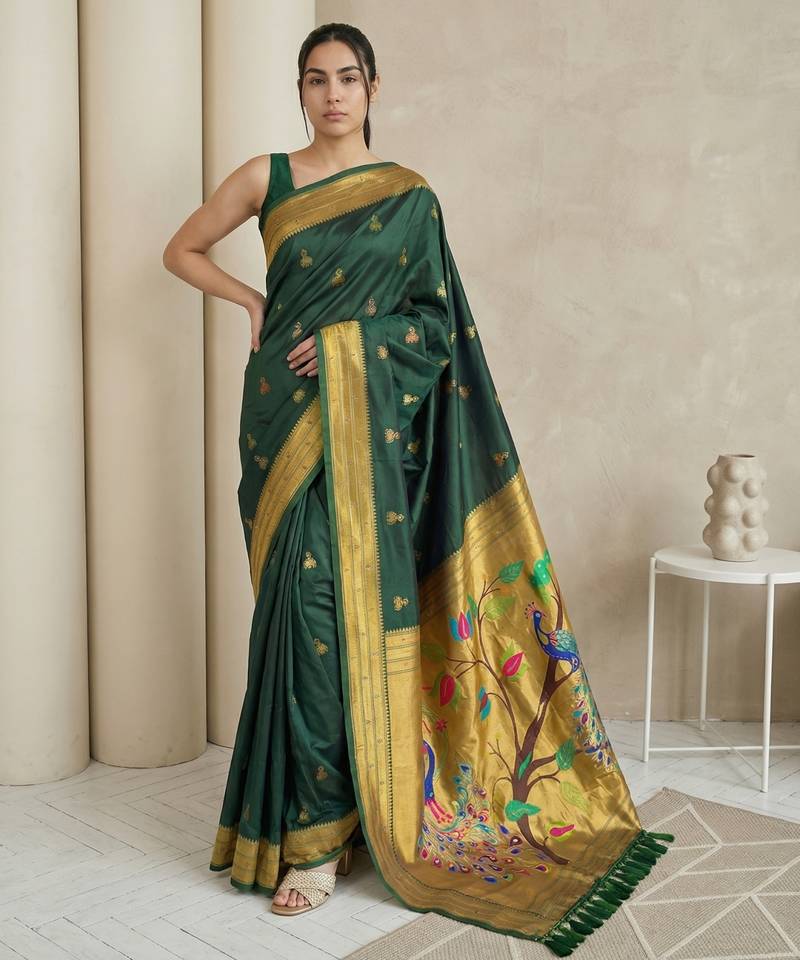 Green woven zari buti & peacock pallu work silk blend fabric traditional festive style paithani style saree