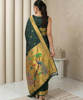 Green woven zari buti & peacock pallu work silk blend fabric traditional festive style paithani style saree 2