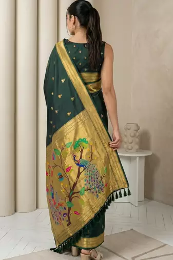 Green woven zari buti & peacock pallu work silk blend fabric traditional festive style paithani style saree