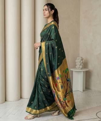 Green woven zari buti & peacock pallu work silk blend fabric traditional festive style paithani style saree 3