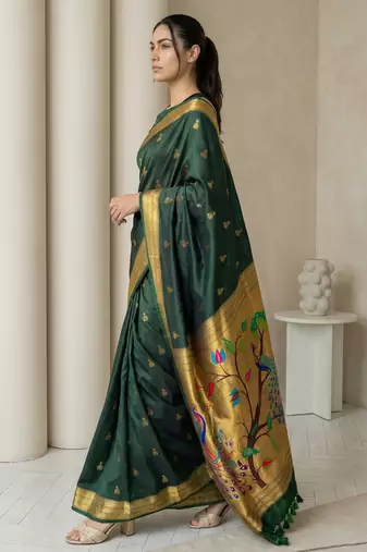 Green woven zari buti & peacock pallu work silk blend fabric traditional festive style paithani style saree
