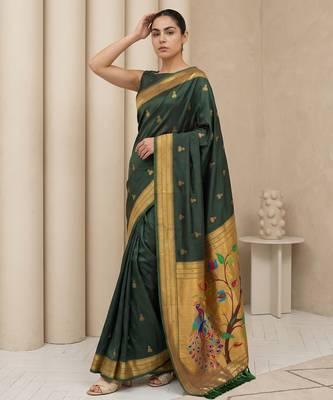 Green woven zari buti & peacock pallu work silk blend fabric traditional festive style paithani style saree 4