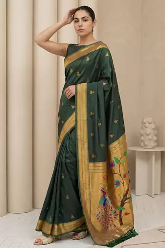 Green woven zari buti & peacock pallu work silk blend fabric traditional festive style paithani style saree