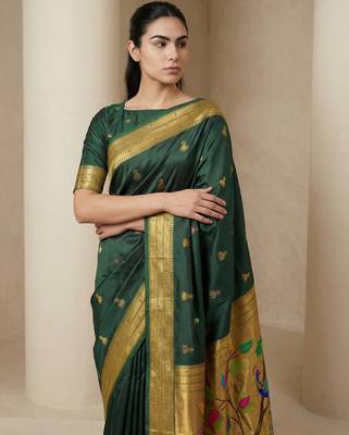 Green woven zari buti & peacock pallu work silk blend fabric traditional festive style paithani style saree 5