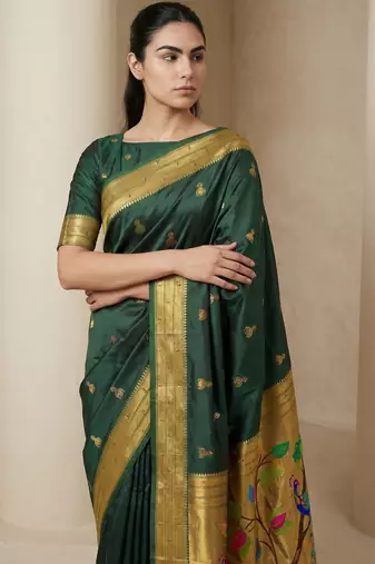 Green woven zari buti & peacock pallu work silk blend fabric traditional festive style paithani style saree