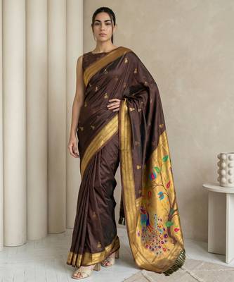 Chocolate woven zari buti & peacock pallu work silk blend fabric traditional festive style paithani style saree 1