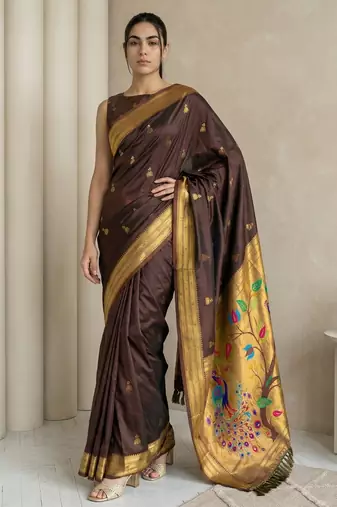 Chocolate woven zari buti & peacock pallu work silk blend fabric traditional festive style paithani style saree