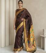 Chocolate woven zari buti & peacock pallu work silk blend fabric traditional festive style paithani style saree