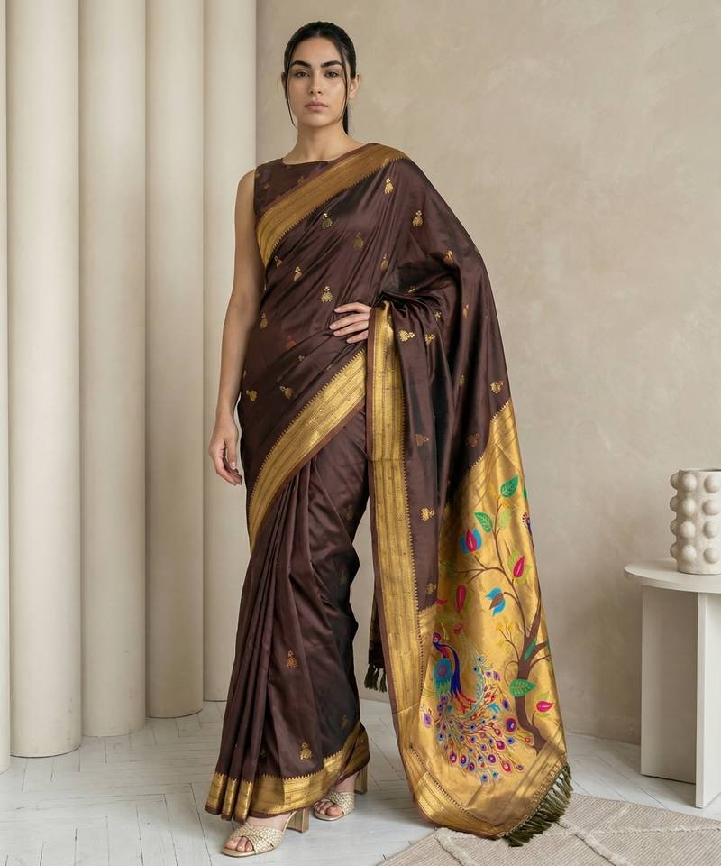 Chocolate woven zari buti & peacock pallu work silk blend fabric traditional festive style paithani style saree