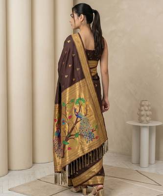 Chocolate woven zari buti & peacock pallu work silk blend fabric traditional festive style paithani style saree 2