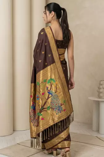 Chocolate woven zari buti & peacock pallu work silk blend fabric traditional festive style paithani style saree