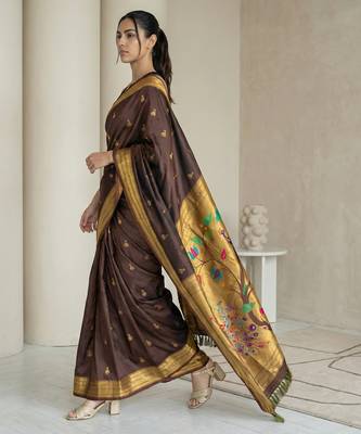 Chocolate woven zari buti & peacock pallu work silk blend fabric traditional festive style paithani style saree 3